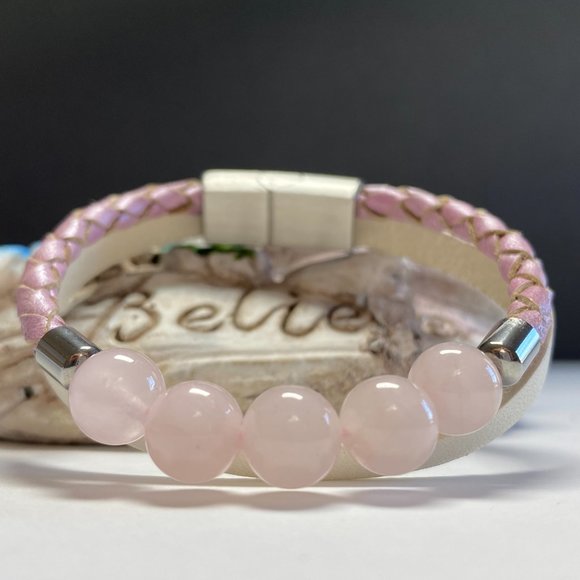 Natural Rose Quartz Beaded Bolo Braided Leather Mother and Daughter Bracelet - Picture 6 of 10